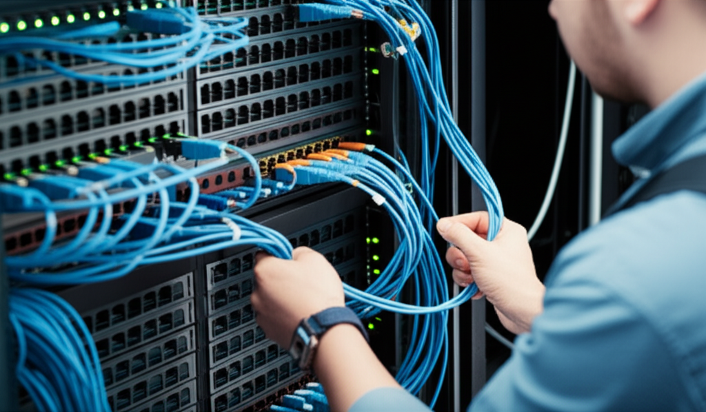 Teknisi melakukan instalasi perangkat keras jaringan
